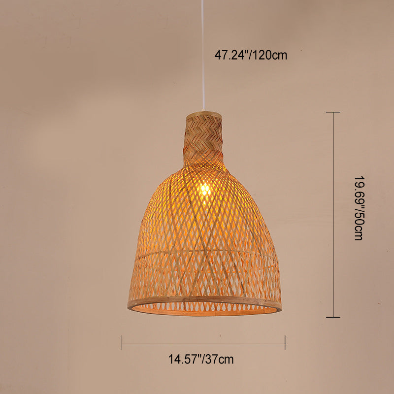 Traditional Chinese Cylinder Octopus Round Bamboo 1-Light Pendant Light For Living Room