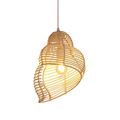 Traditional Chinese Conch Shape Straw Rattan 1-Light Pendant Light For Living Room