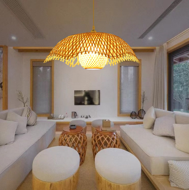 Traditional Japanese Straw Hat Half Round Bamboo 1-Light Pendant Light For Living Room