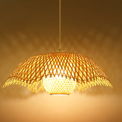 Traditional Japanese Straw Hat Half Round Bamboo 1-Light Pendant Light For Living Room