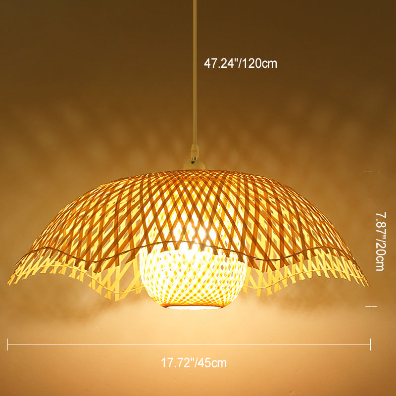 Traditional Japanese Straw Hat Half Round Bamboo 1-Light Pendant Light For Living Room