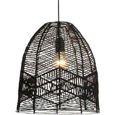 Traditional Japanese Round Cutout Sisal Iron 1-Light Pendant Light For Living Room