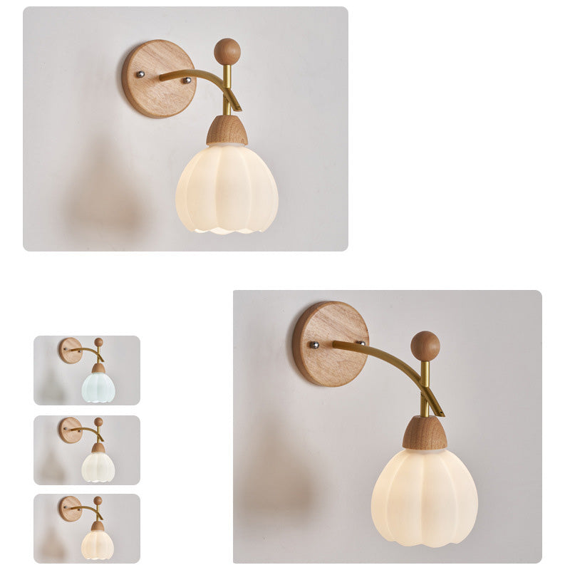 Traditional Japanese Pumpkin Bend Round Glass Rubberwood Hardware 1-Light Wall Sconce Lamp For Living Room