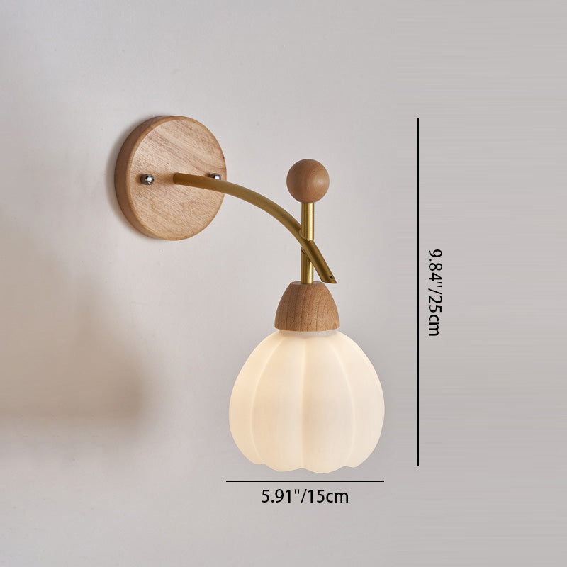 Traditional Japanese Pumpkin Bend Round Glass Rubberwood Hardware 1-Light Wall Sconce Lamp For Living Room