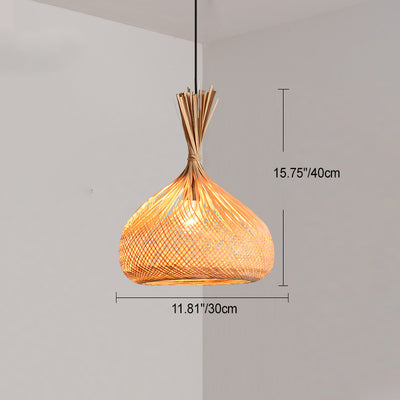 Traditional Japanese Round Hollowed Bamboo Iron 1-Light Pendant Light For Living Room