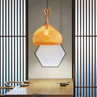 Traditional Japanese Round Hollowed Bamboo Iron 1-Light Pendant Light For Living Room