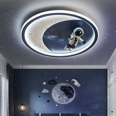 Modern Art Deco Round Astronaut Planet Acrylic Resin Iron LED Flush Mount Ceiling Light For Bedroom