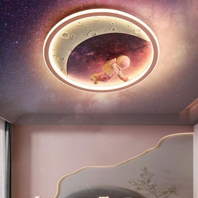 Modern Art Deco Round Astronaut Planet Acrylic Resin Iron LED Flush Mount Ceiling Light For Bedroom