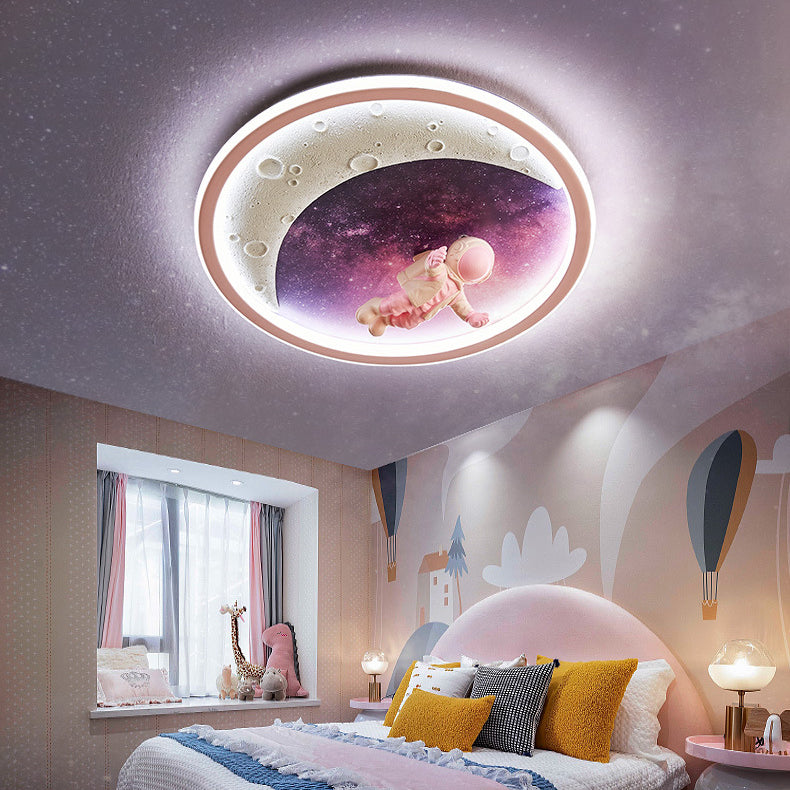 Modern Art Deco Round Astronaut Planet Acrylic Resin Iron LED Flush Mount Ceiling Light For Bedroom