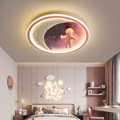 Modern Art Deco Round Astronaut Planet Acrylic Resin Iron LED Flush Mount Ceiling Light For Bedroom