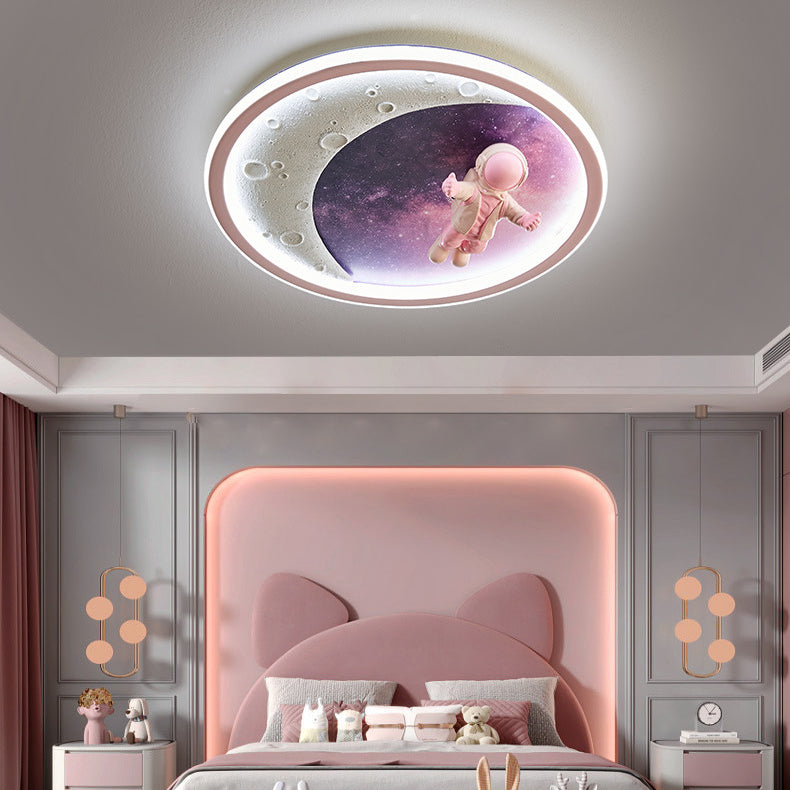 Modern Art Deco Round Astronaut Planet Acrylic Resin Iron LED Flush Mount Ceiling Light For Bedroom