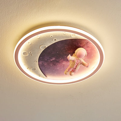 Modern Art Deco Round Astronaut Planet Acrylic Resin Iron LED Flush Mount Ceiling Light For Bedroom