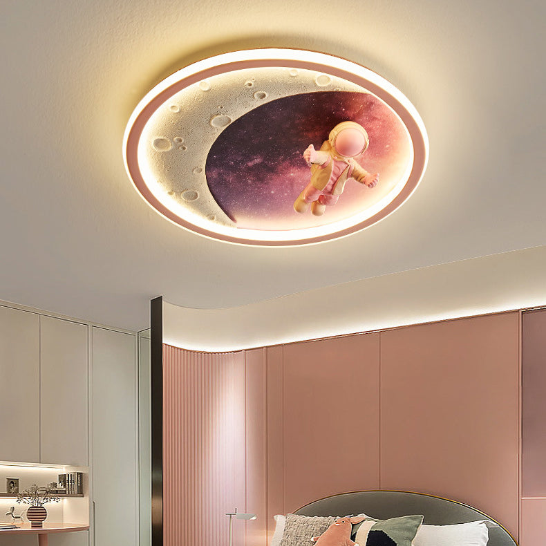 Modern Art Deco Round Astronaut Planet Acrylic Resin Iron LED Flush Mount Ceiling Light For Bedroom