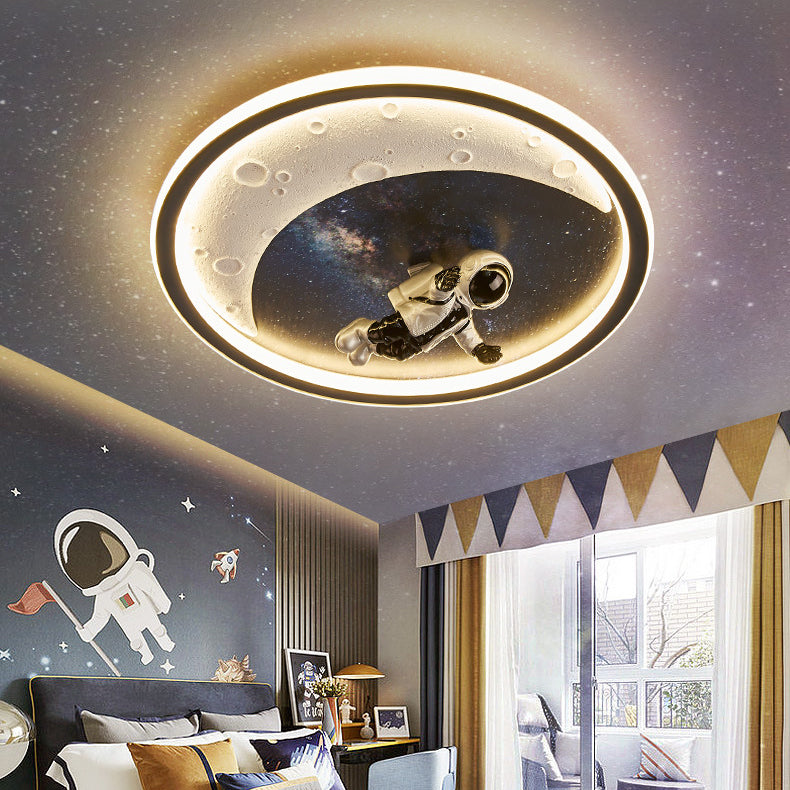 Modern Art Deco Round Astronaut Planet Acrylic Resin Iron LED Flush Mount Ceiling Light For Bedroom