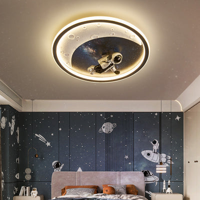 Modern Art Deco Round Astronaut Planet Acrylic Resin Iron LED Flush Mount Ceiling Light For Bedroom