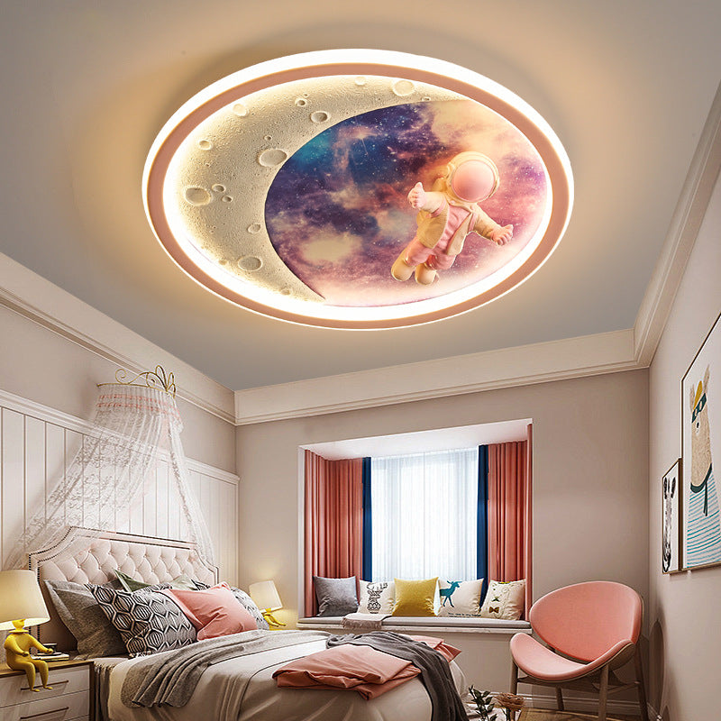 Modern Art Deco Round Astronaut Planet Acrylic Resin Iron LED Flush Mount Ceiling Light For Bedroom