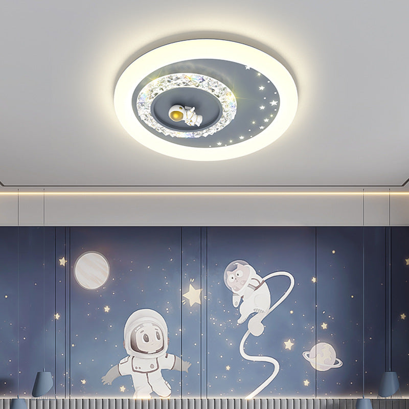 Modern Art Deco Round Astronaut Kids Cartoon Acrylic Iron LED Flush Mount Ceiling Light For Bedroom