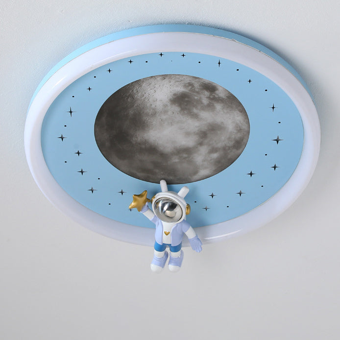 Modern Art Deco Kids Astronaut Planet Round Acrylic Resin Iron LED Flush Mount Ceiling Light For Bedroom