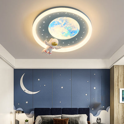 Modern Art Deco Kids Astronaut Planet Round Acrylic Resin Iron LED Flush Mount Ceiling Light For Bedroom