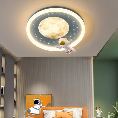 Modern Art Deco Kids Astronaut Planet Round Acrylic Resin Iron LED Flush Mount Ceiling Light For Bedroom