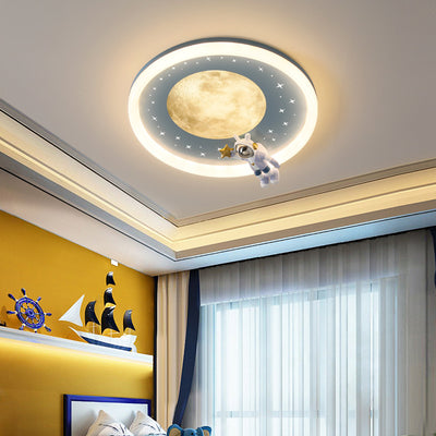 Modern Art Deco Kids Astronaut Planet Round Acrylic Resin Iron LED Flush Mount Ceiling Light For Bedroom