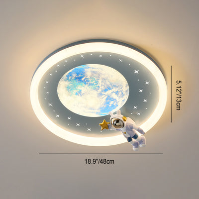 Modern Art Deco Kids Astronaut Planet Round Acrylic Resin Iron LED Flush Mount Ceiling Light For Bedroom