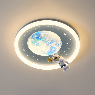 Modern Art Deco Kids Astronaut Planet Round Acrylic Resin Iron LED Flush Mount Ceiling Light For Bedroom