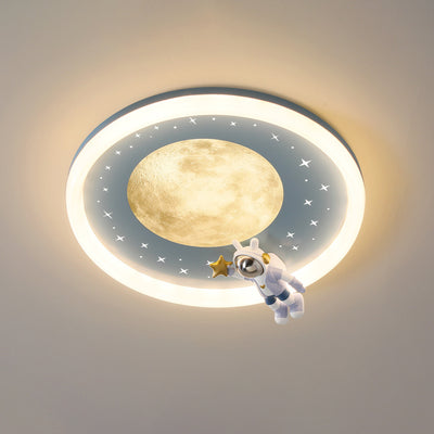 Modern Art Deco Kids Astronaut Planet Round Acrylic Resin Iron LED Flush Mount Ceiling Light For Bedroom