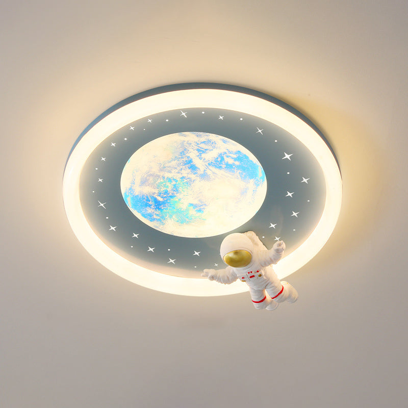 Modern Art Deco Kids Astronaut Planet Round Acrylic Resin Iron LED Flush Mount Ceiling Light For Bedroom