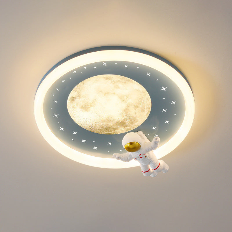 Modern Art Deco Kids Astronaut Planet Round Acrylic Resin Iron LED Flush Mount Ceiling Light For Bedroom