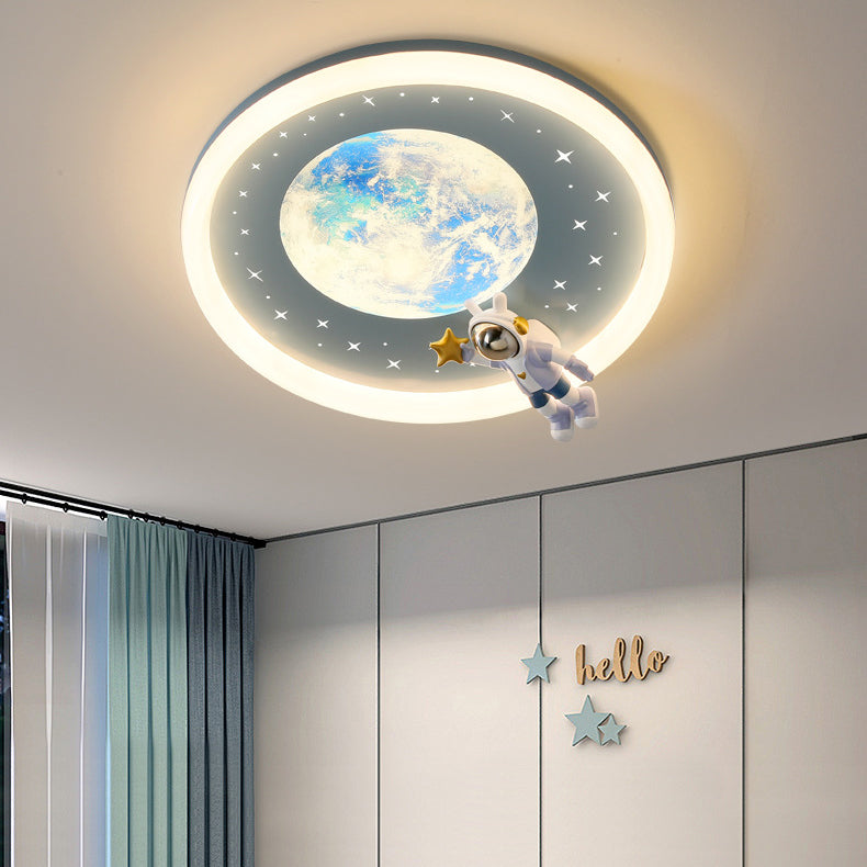 Modern Art Deco Kids Astronaut Planet Round Acrylic Resin Iron LED Flush Mount Ceiling Light For Bedroom