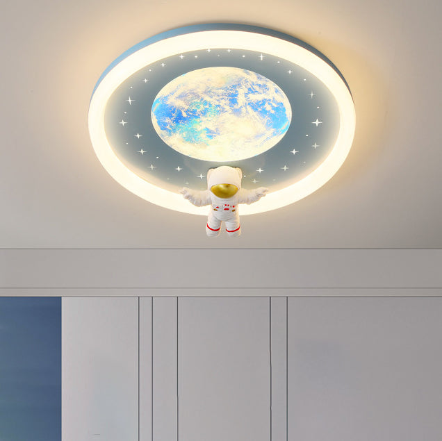 Modern Art Deco Kids Astronaut Planet Round Acrylic Resin Iron LED Flush Mount Ceiling Light For Bedroom