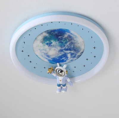 Modern Art Deco Kids Astronaut Planet Round Acrylic Resin Iron LED Flush Mount Ceiling Light For Bedroom