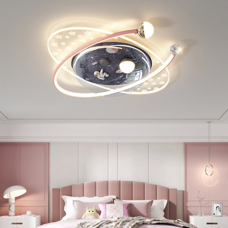 Contemporary Creative Kids Star Astronaut Oval Round PVC Resin Iron LED Flush Mount Ceiling Light For Bedroom