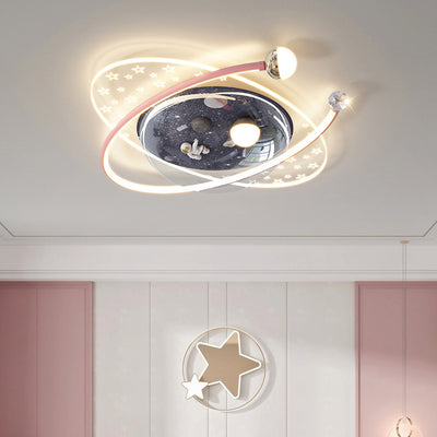 Contemporary Creative Kids Star Astronaut Oval Round PVC Resin Iron LED Flush Mount Ceiling Light For Bedroom