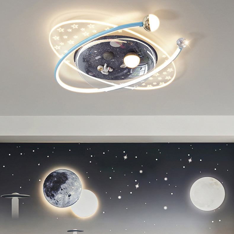 Contemporary Creative Kids Star Astronaut Oval Round PVC Resin Iron LED Flush Mount Ceiling Light For Bedroom