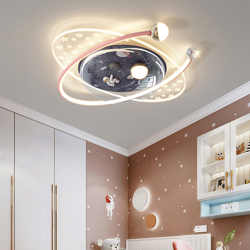 Contemporary Creative Kids Star Astronaut Oval Round PVC Resin Iron LED Flush Mount Ceiling Light For Bedroom