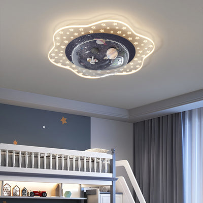 Modern Art Deco Kids Floral Astronaut Planet PVC Resin Iron LED Flush Mount Ceiling Light For Bedroom