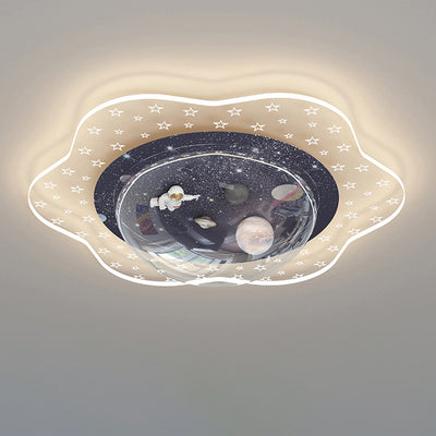 Modern Art Deco Kids Floral Astronaut Planet PVC Resin Iron LED Flush Mount Ceiling Light For Bedroom