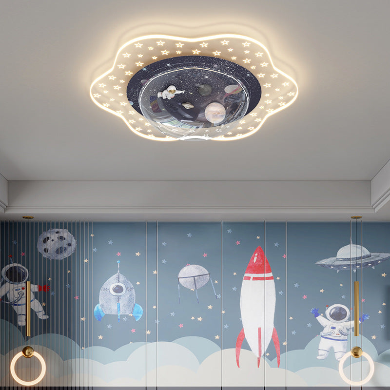 Modern Art Deco Kids Floral Astronaut Planet PVC Resin Iron LED Flush Mount Ceiling Light For Bedroom