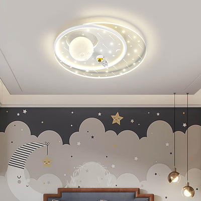 Modern Art Deco Kids Star Astronaut Round Acrylic Iron LED Flush Mount Ceiling Light For Bedroom