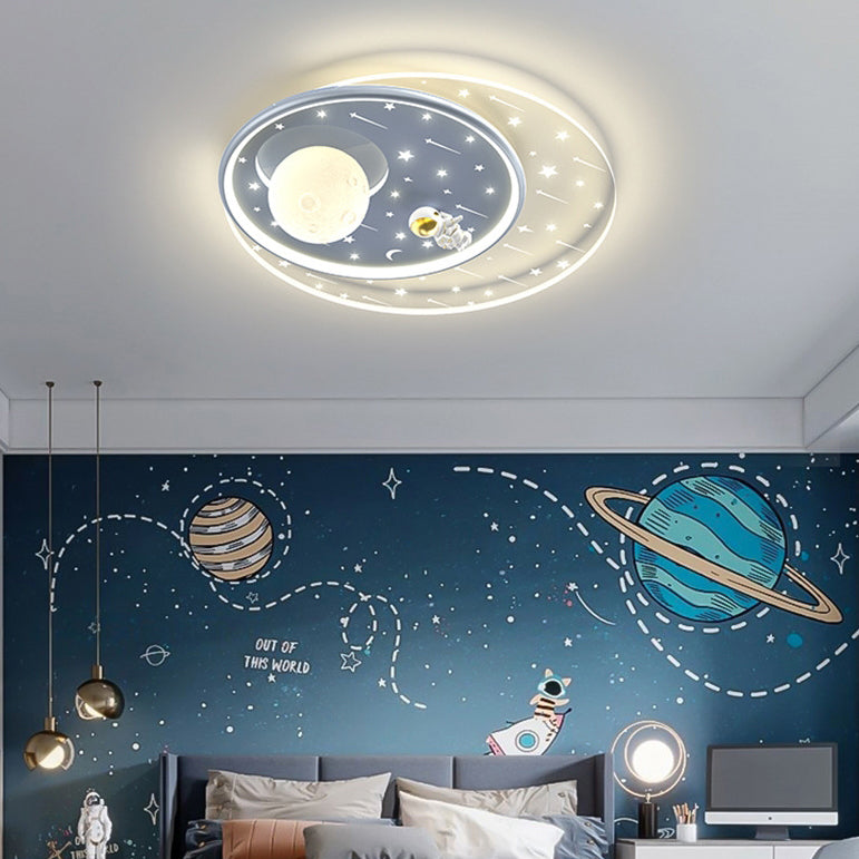 Modern Art Deco Kids Star Astronaut Round Acrylic Iron LED Flush Mount Ceiling Light For Bedroom