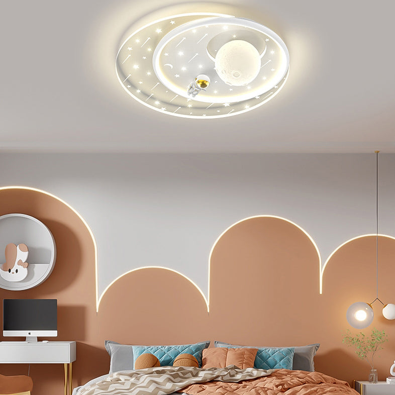 Modern Art Deco Kids Star Astronaut Round Acrylic Iron LED Flush Mount Ceiling Light For Bedroom