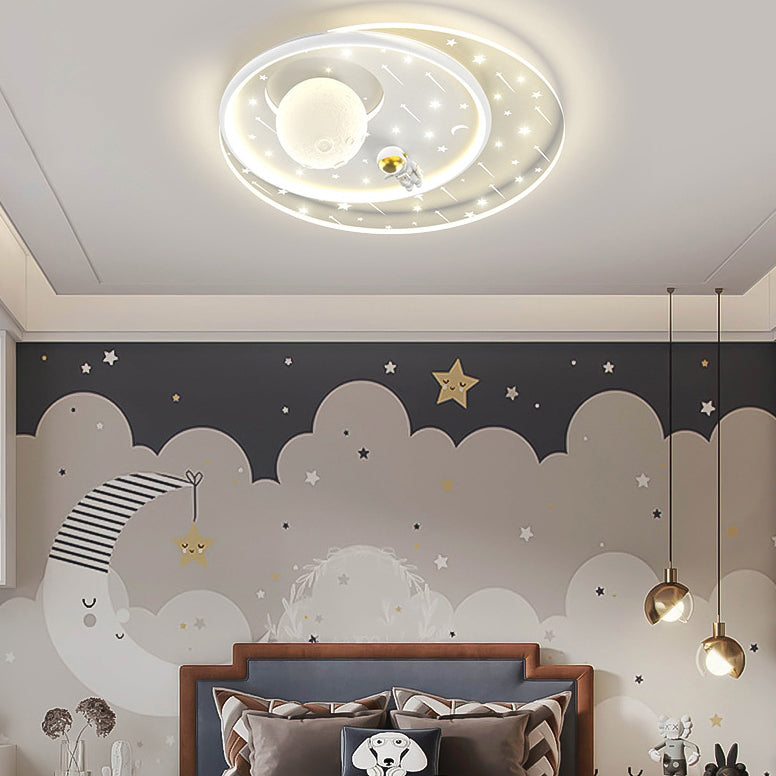 Modern Art Deco Kids Star Astronaut Round Acrylic Iron LED Flush Mount Ceiling Light For Bedroom