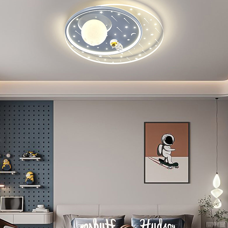 Modern Art Deco Kids Star Astronaut Round Acrylic Iron LED Flush Mount Ceiling Light For Bedroom