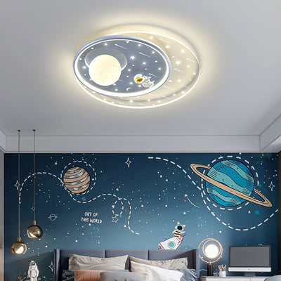 Modern Art Deco Kids Star Astronaut Round Acrylic Iron LED Flush Mount Ceiling Light For Bedroom