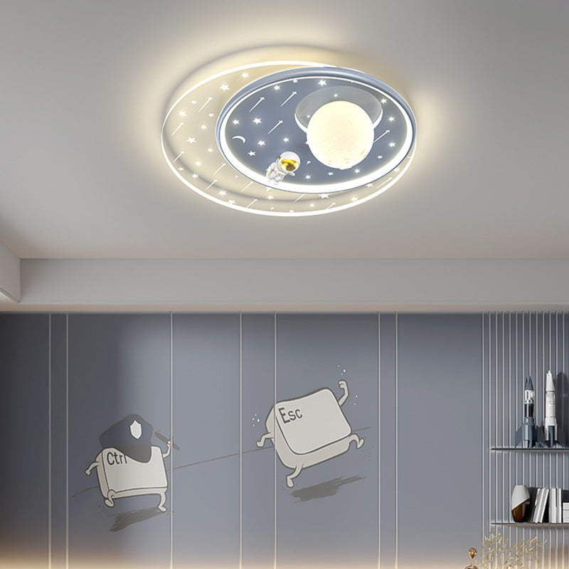 Modern Art Deco Kids Star Astronaut Round Acrylic Iron LED Flush Mount Ceiling Light For Bedroom