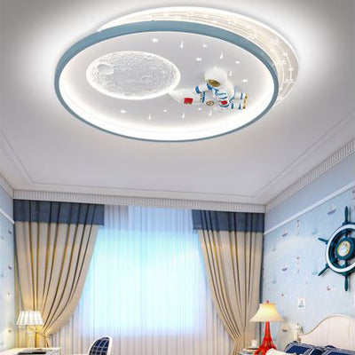 Modern Art Deco Kids Round Astronaut Moon Planet Acrylic Iron LED Flush Mount Ceiling Light For Bedroom