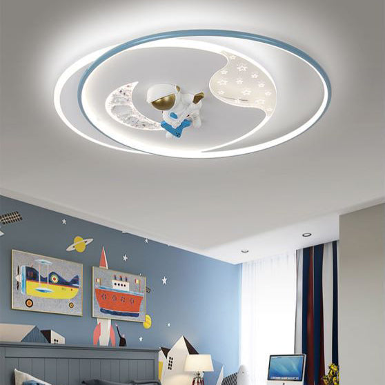 Modern Art Deco Kids Round Astronaut Moon Planet Acrylic Iron LED Flush Mount Ceiling Light For Bedroom