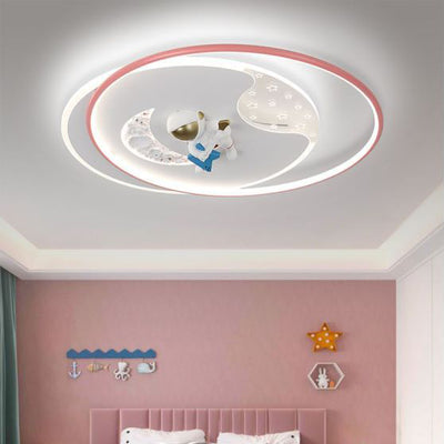 Modern Art Deco Kids Round Astronaut Moon Planet Acrylic Iron LED Flush Mount Ceiling Light For Bedroom